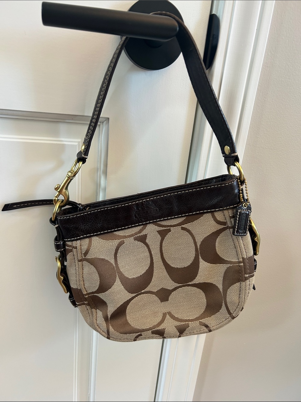 Coach Zoe Brown Signature Canvas Small Shoulder Bag with Leather Dark Brown Trim